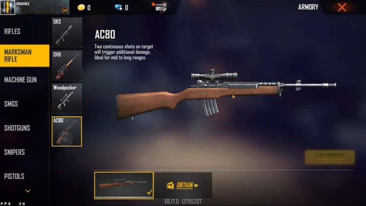 Súng AC80 trong Free Fire OB29 Advance Server