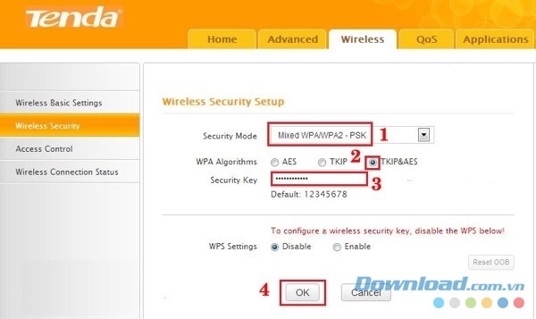 Thay đổi mật khẩu wifi Tenda tại phần Wireless Security
