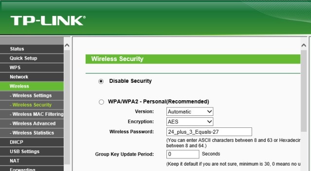 Vào muc Wireless chọn Wireless Security