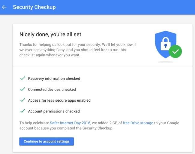 Thiết lập kiểm tra bảo mật để nhận 2GB vào Google Drive