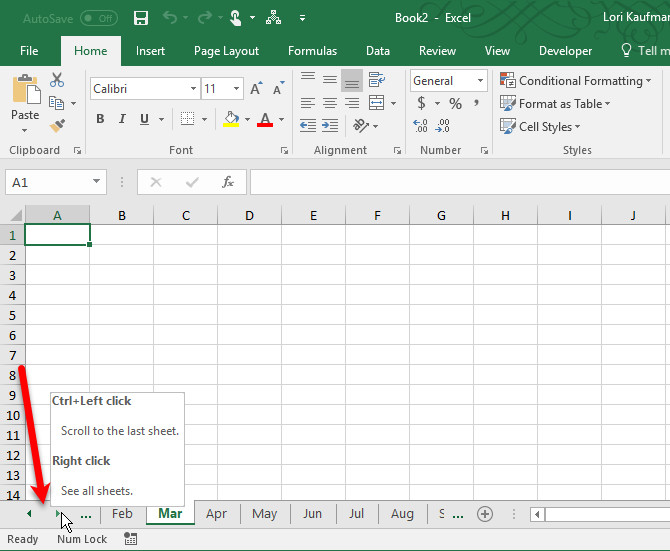 Cuộn chuột qua các Tab trên Excel