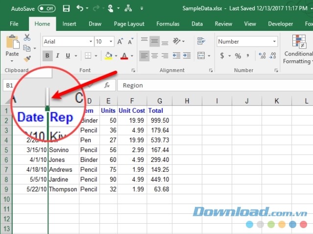 Bỏ ẩn cột Excel