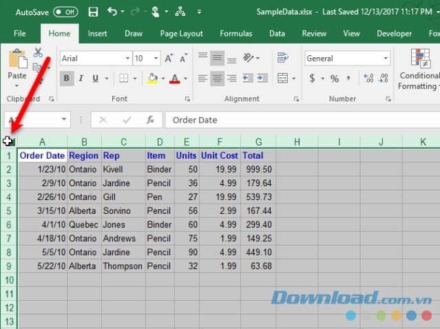 Chọn toàn bộ cột trong Excel