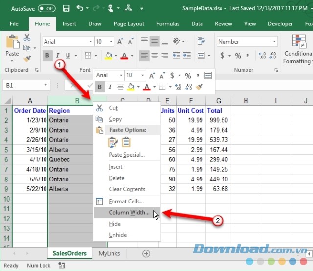 Chọn độ rộng của cột Excel