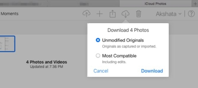 Chọn kích thước ảnh download lên iCloud
