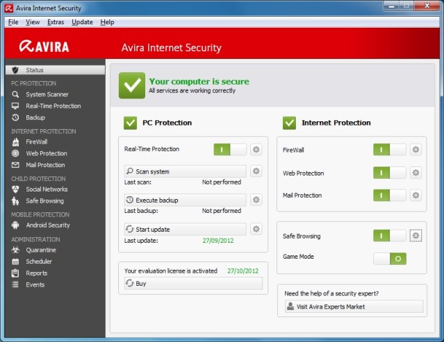 Giao diện Avira Internet Security