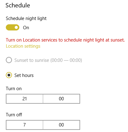Lập lịch cho Night Light trên Windows 10