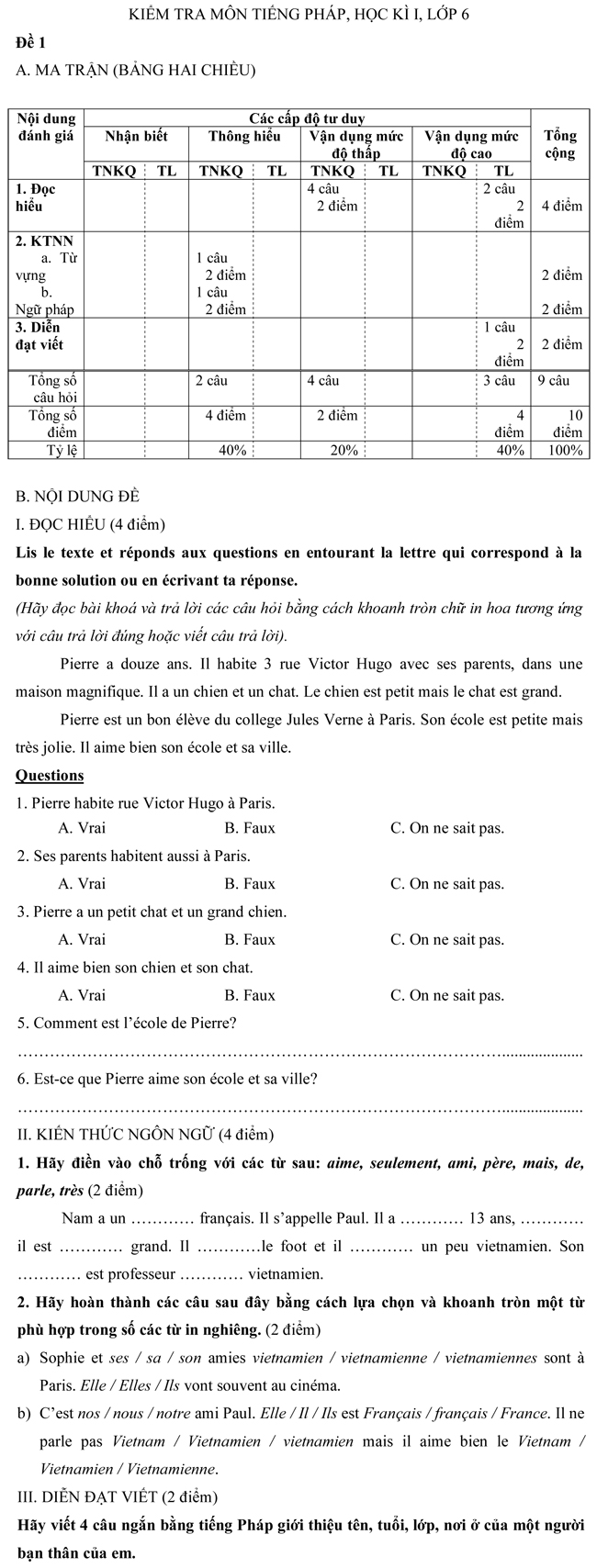 Đề kiểm tra học kì I lớp 6 môn tiếng Pháp – Đề số 1 Đề kiểm tra tiếng Pháp