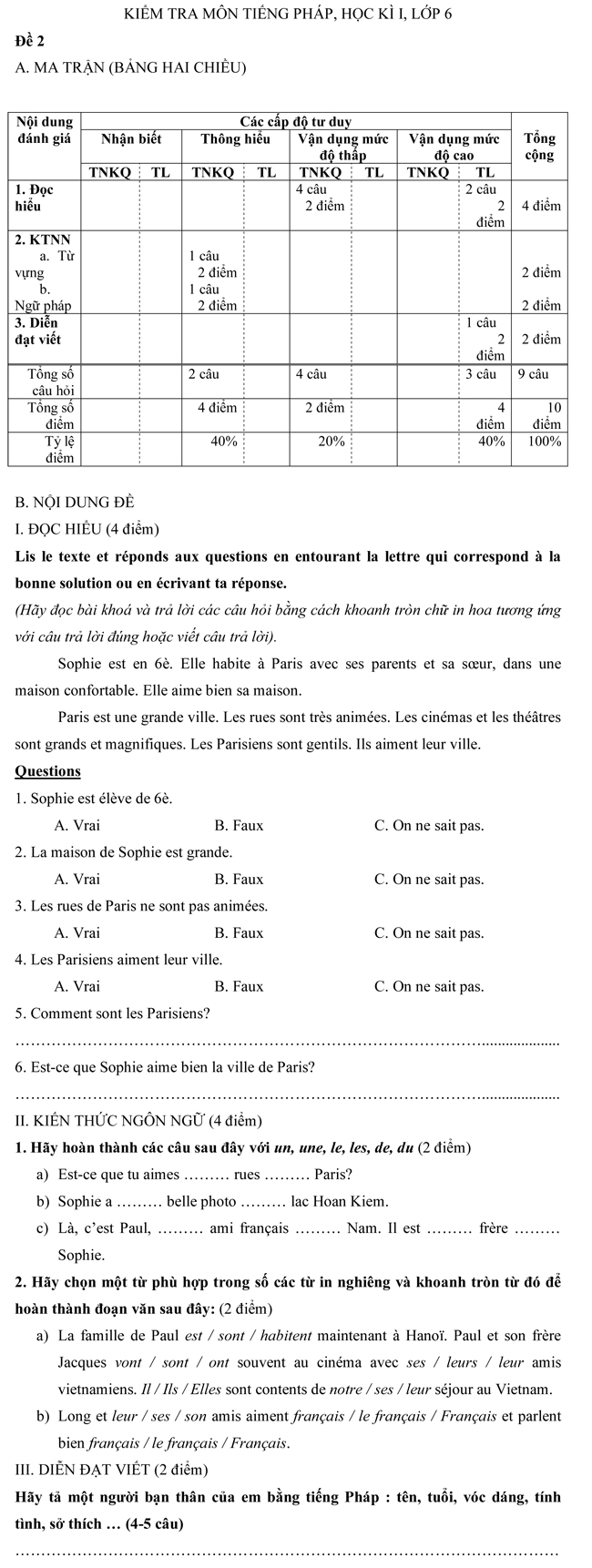 Đề kiểm tra học kì I lớp 6 môn tiếng Pháp – Đề số 2 Đề kiểm tra tiếng Pháp