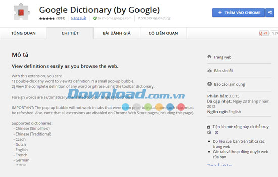 Công cụ dịch Google Dictionary