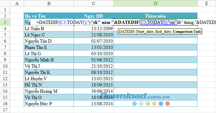 Tính thâm niên công tác trên bảng tính Excel