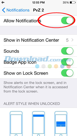 Gạt thanh allo notifications sang trái để tắt tính năng thông báo trên iOS