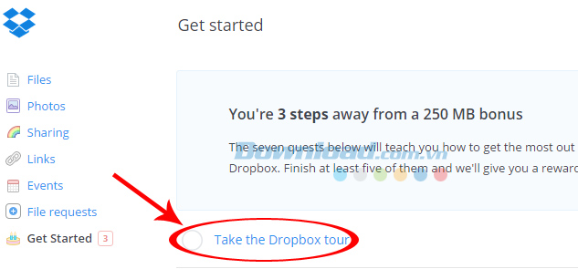 Nhấp vào take the dropbox tour