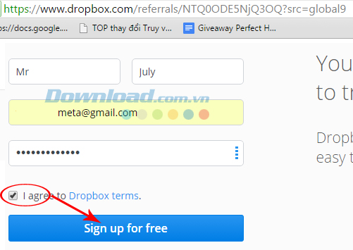 Nhập thông tin đăng ký tài khoản Dropbox