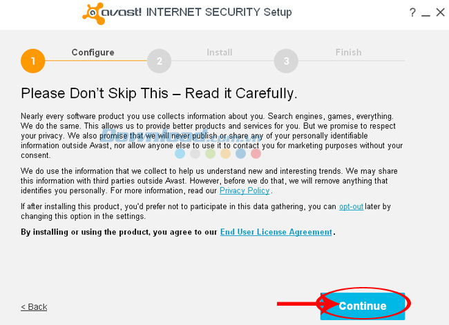 Nhấp vào Continue để cài đặt Avast Internet Security 2015