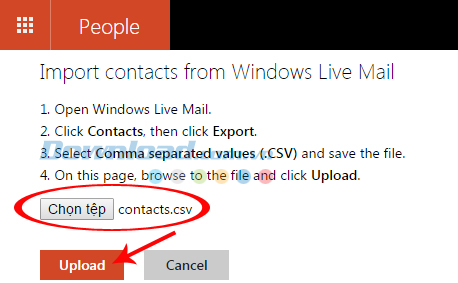 Chọn tệp danh bạ rồi upload