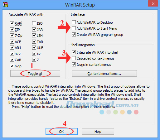 Lựa chọn định dạng cài đặt WinRAR