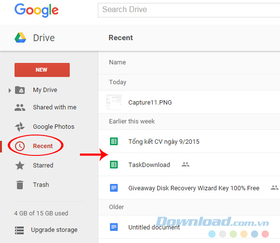 Tìm kiếm các dữ liệu lưu trên Google Drive gần đây nhất
