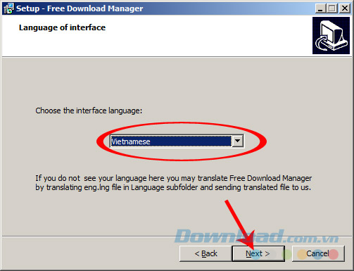 Chọn ngôn ngữ khi cài Free download Manager