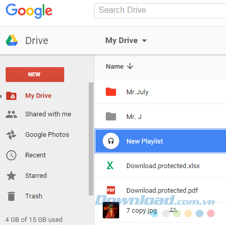 hiển thị list trong Google Drive