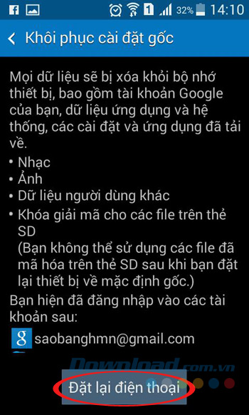 Cài đặt lại điện thoại