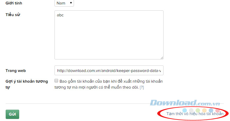 Nhấn vào tạm thời vô hiệu hóa tài khoản