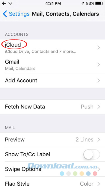 Nhấn vào iCloud