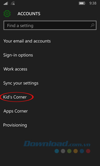 Nhấn vào Kid's Corner