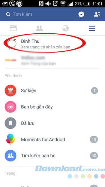 Nhấn vào menu Facebook cho Android