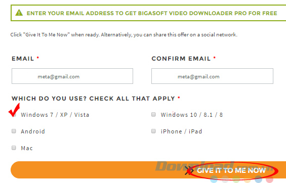 Điền thông tin để nhận mã bản quyền Bigasoft video downloader pro