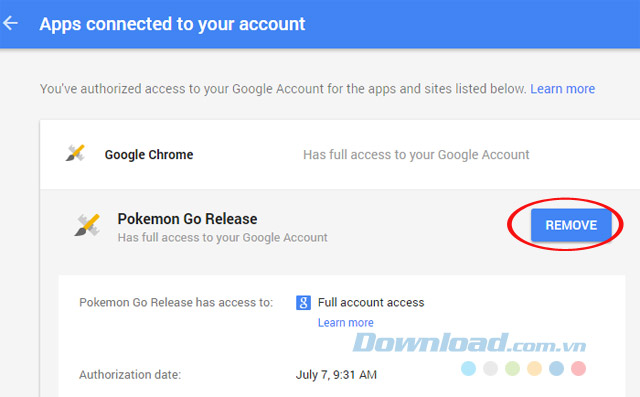 Gỡ bỏ quyền truy cập của Pokemon Go