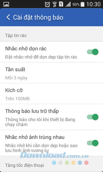 Cài đặt nhắc nhở dọn rác