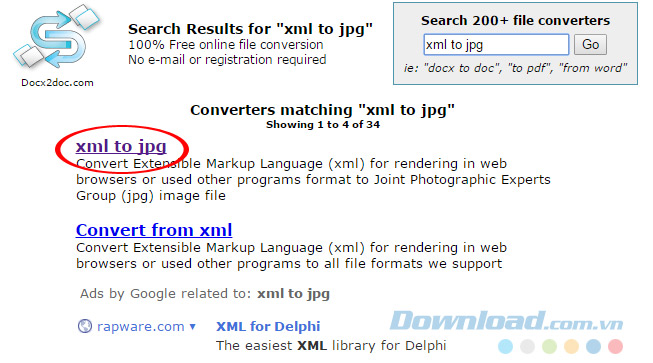 Chọn mục XML to JPG