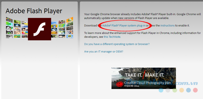 Trang chủ của Adobe Flash Player