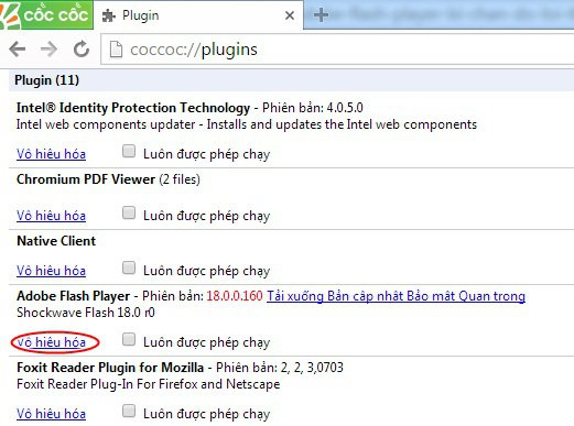 Vô hiệu hóa Flash trên Cốc Cốc