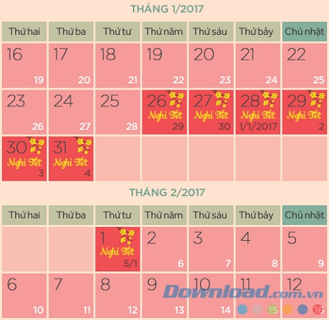 Lịch nghỉ tết âm lịch 2017