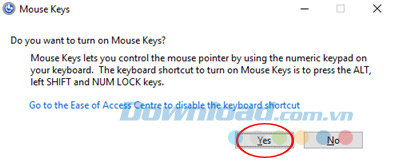 Hộp thoại xác nhận kích hoạt Mouse Keys