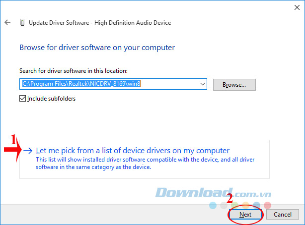 Nhấn Let me pick from a list of device drivers on my computer