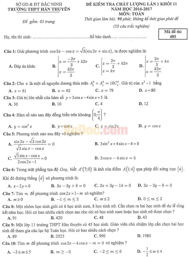 Đề thi học kì 1 môn Toán lớp 11 có đáp án