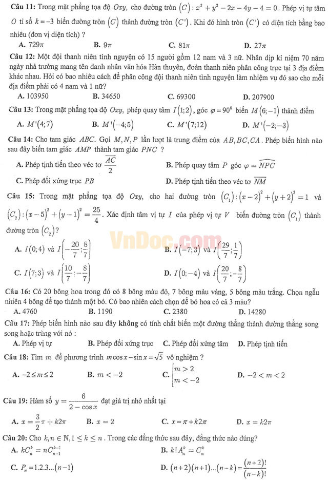 Đề thi học kì 1 môn Toán lớp 11 có đáp án