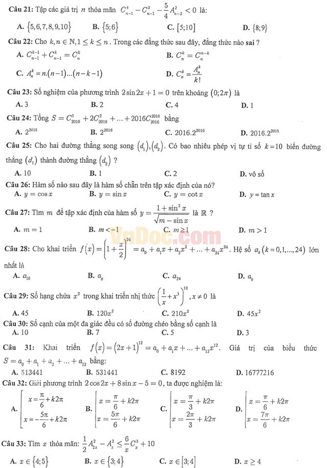 Đề thi học kì 1 môn Toán lớp 11 có đáp án