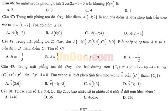 Đề thi học kì 1 môn Toán lớp 11 có đáp án