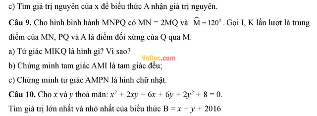 Đề thi hk1 môn Toán lớp 8