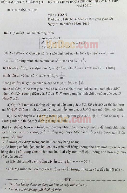 Đề thi chọn học sinh giỏi quốc gia lớp 12 năm 2016 môn Toán