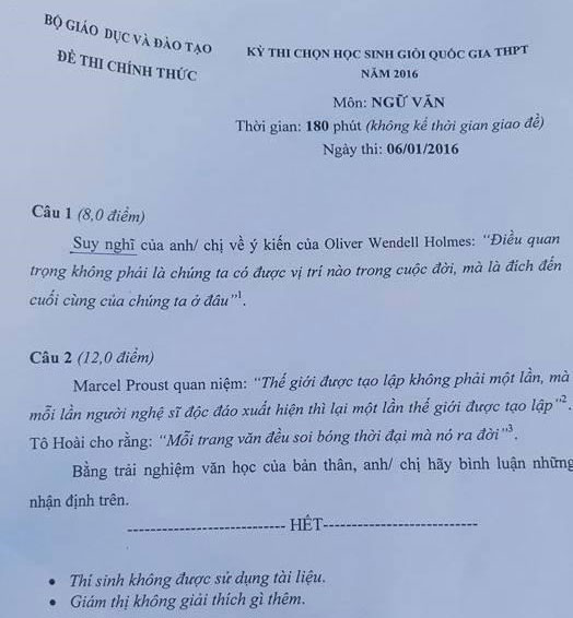 Đề thi học sinh giỏi quốc gia lớp 12 THPT năm 2016 môn Văn