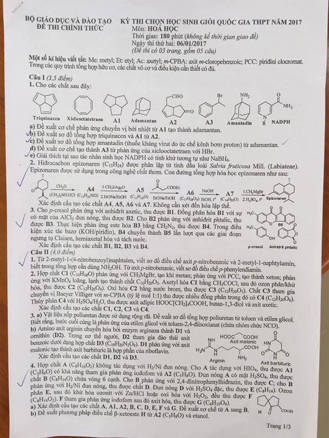 Đề thi học sinh giỏi quốc gia THPT môn Hóa học năm 2017 (Ngày thứ hai)