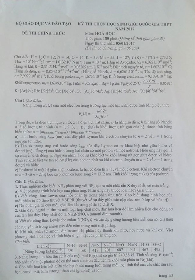 Đề thi học sinh giỏi quốc gia THPT môn Hóa học năm 2017 (Ngày thứ nhất)