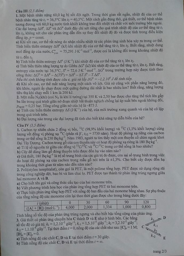 Đề thi học sinh giỏi quốc gia THPT môn Hóa học năm 2017 (Ngày thứ nhất)