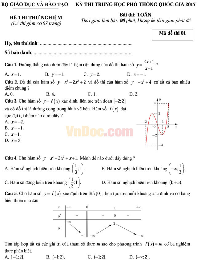 Đề thi thử nghiệm kỳ thi THPT Quốc gia năm 2017 môn Toán