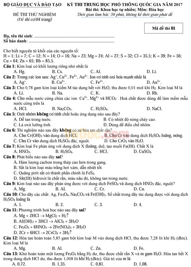 Đề thi thử nghiệm kỳ thi THPT Quốc gia năm 2017 môn Hóa học